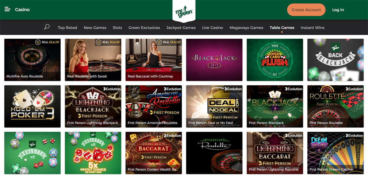 Los juegos de mesa, ruletas y blackjack de Mr Green